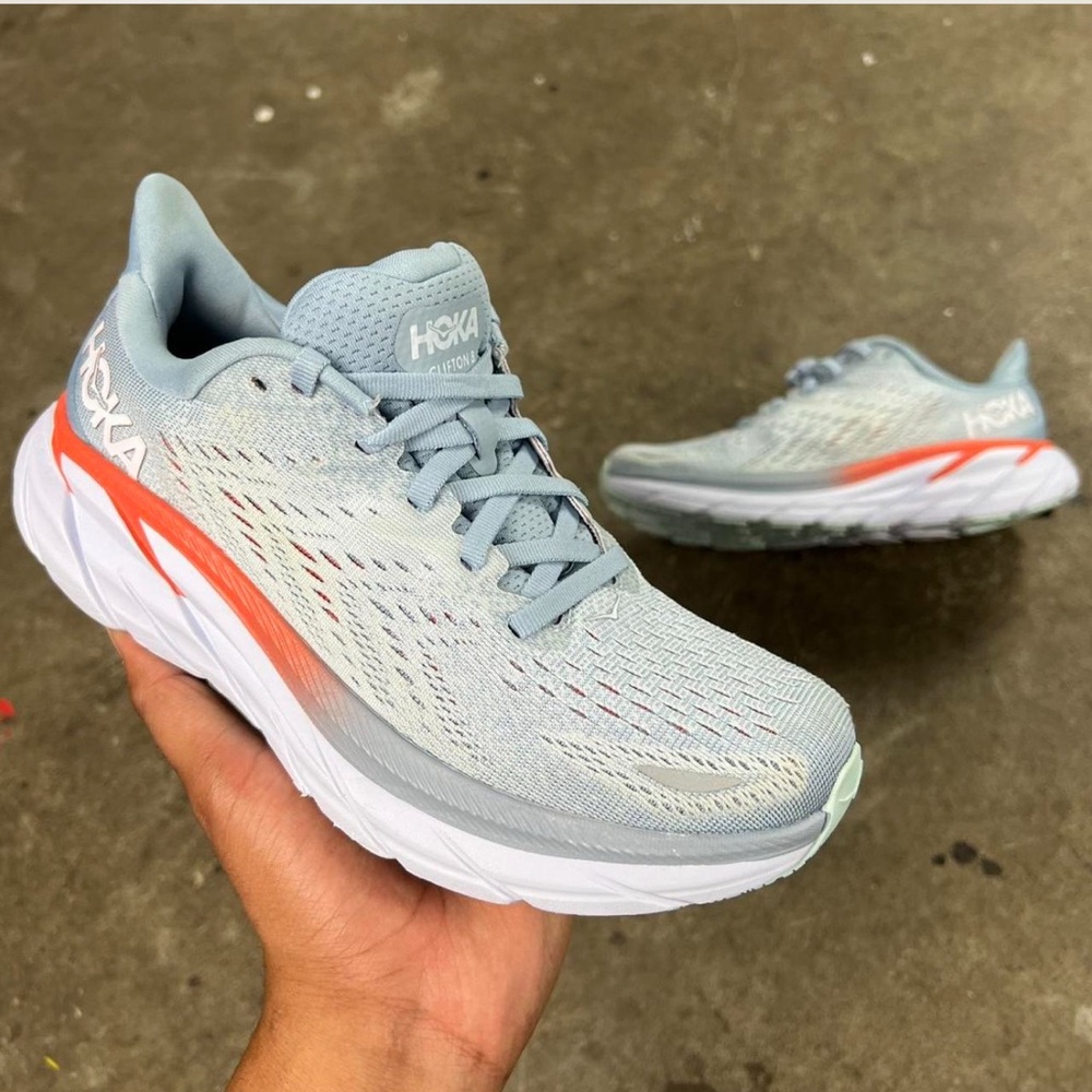 Hoka Clifton 8 Women's  in Sky Blue/Coral Athletic Shoes